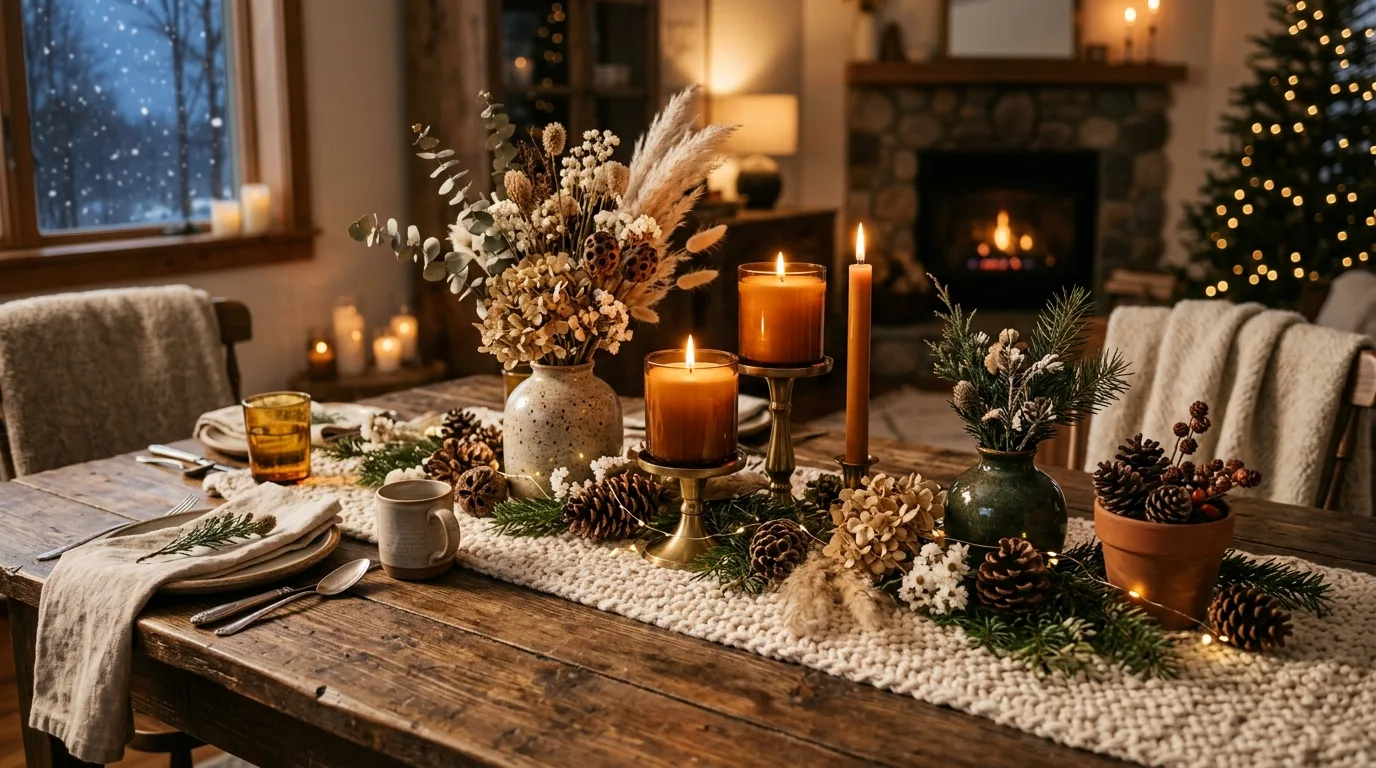 Finish with a centerpiece that feels elegant and inviting inspiration for a holiday dining table centerpiece.